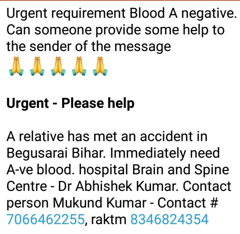 B4Deo's tweet photo. #Begusarai #Feb_17
#Urgent #need of #A(-)ve
#Blood for an accidental case.
At: Brain and Spine Centre - Dr Abhishek Kumar.
📞7066462255
Cc:@Bharti_09 @rahulias6 @bld4needy @TransformingBGS @baklolbagga @begusaraibjp #BloodMatters #B4Deo https://t.co/hVpqTRdE06