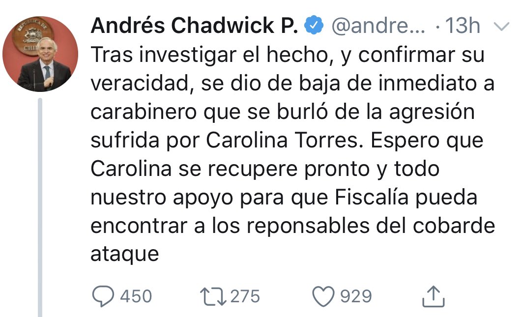 Piñera Miente
La Ministra Cubillos Miente
El Ministro del Trabajo Miente
El Ministro de Salud Miente
Y Chadwick acaba de decir, que se dió de baja a un carabinero por burlarse de Carolina Torres, cuando ya fue dado de baja el 2017!. Increíble
#renunciachadwick y renuncien todos.