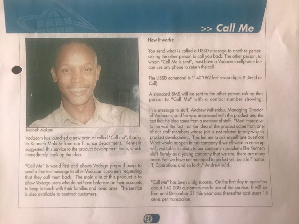 @lutherlebelo (@lutherlebelo) on Twitter photo This 2001 publication from Vodacom closes the malicious debate on who invested the ‘Please Call Me’ product. Here Vodacom confirms it that it was Makate. Now, can the black brother gets his rightful recognition and his billions? Please <a href="/makate_nkosana/">Nkosana Makate</a> This 2001 publication from Vodacom closes the malicious debate on who invested the ‘Please Call Me’ product. Here Vodacom confirms it that it was Makate. Now, can the black brother gets his rightful recognition and his billions? Please <a href="/makate_nkosana/">Nkosana Makate</a>