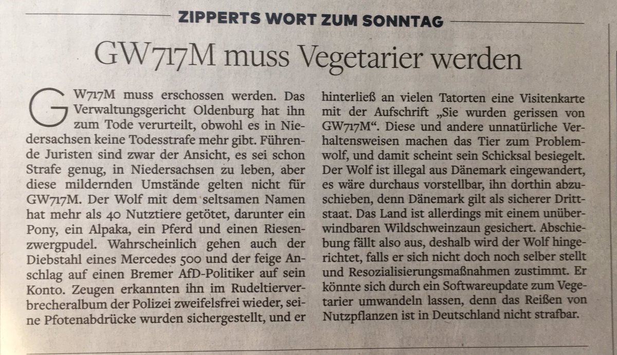 TAltgeld's tweet photo. #GW717Mmussleben! Tolles Wort zum Sonntag von #zippert zur #wolfshysterie in 🇩🇪 oder besser mittlerweile vom #agrarlobby gesteuertem #wolfsirrsinn! @welt heute https://t.co/boJxgHNExR