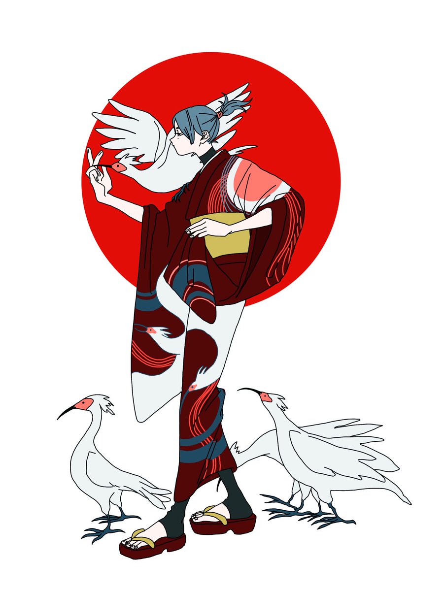 japanese clothes bird kimono 1girl solo sandals white background  illustration images