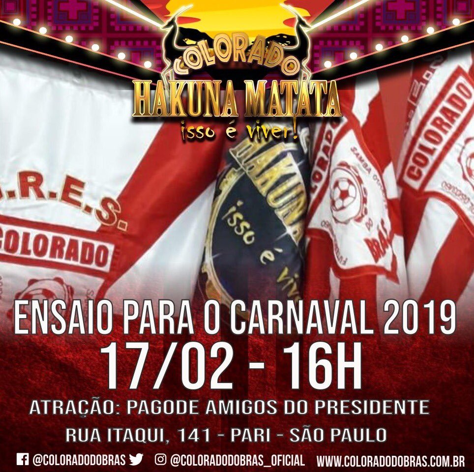 HOJE TEM EM!
Ensaio para o carnaval 2019!

Dia: 17/02 a partir das 16h
Com Pagode Amigos do Presidente 
E Bateria Ritmo Responsa!

#VemPraRua
#ColoradoDoBras
#HakunaMatata
🔴⚪️🥁🇲🇨