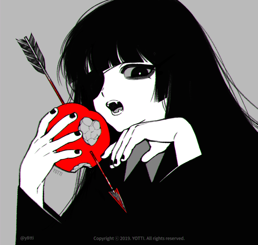 solo apple 1girl holding food open mouth holding food  illustration images