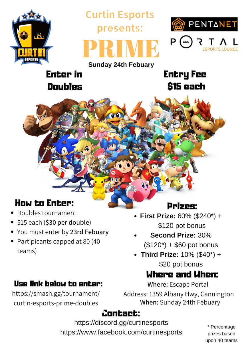 Our first #PrimeDoubles event starts on the 24th of Feburary. Prime Doubles is the ONLY #SmashBrosUltimate doubles tournament in Perth. Spots are limited so sign up fast. 

smash.gg/tournament/cur…

#CESevents