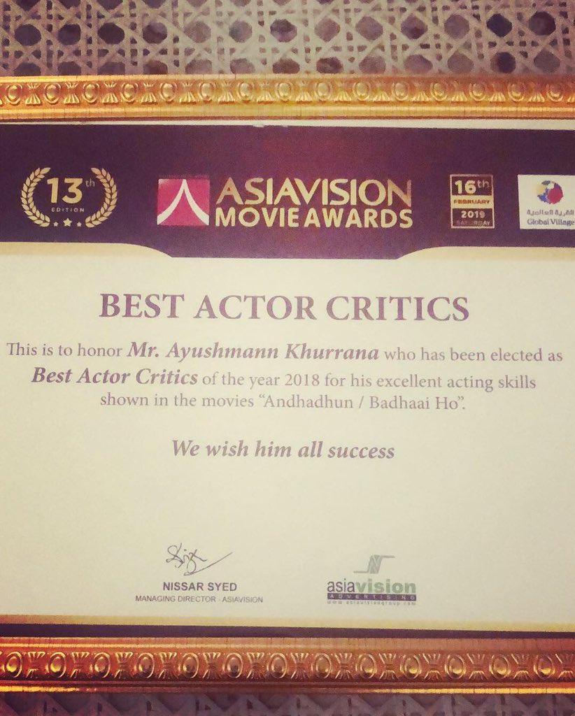 Best Actor Critics Award for AndhaDhun and Badhaai Ho. #AsiaVisionAwards #Dubai