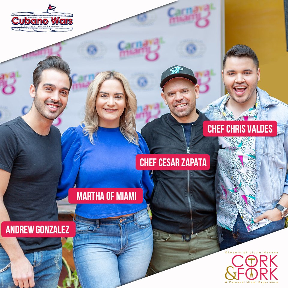 Carnaval_Miami's tweet photo. Dime algo de esta foto? We love it! 📷
Dos de nuestros jueces de #CubanoWars 🍞 de #CalleOchoMusicFestival y dos de nuestros Chefs de Cork &amp; Fork 🍴 en un mismo recuadro. Perfect! @Chris_Valdes1 @MarthaOfMiami @CeeRoks y Andrew Gonzalez
 https://t.co/yT7tJdp5fw https://t.co/0hC6HeRE4D