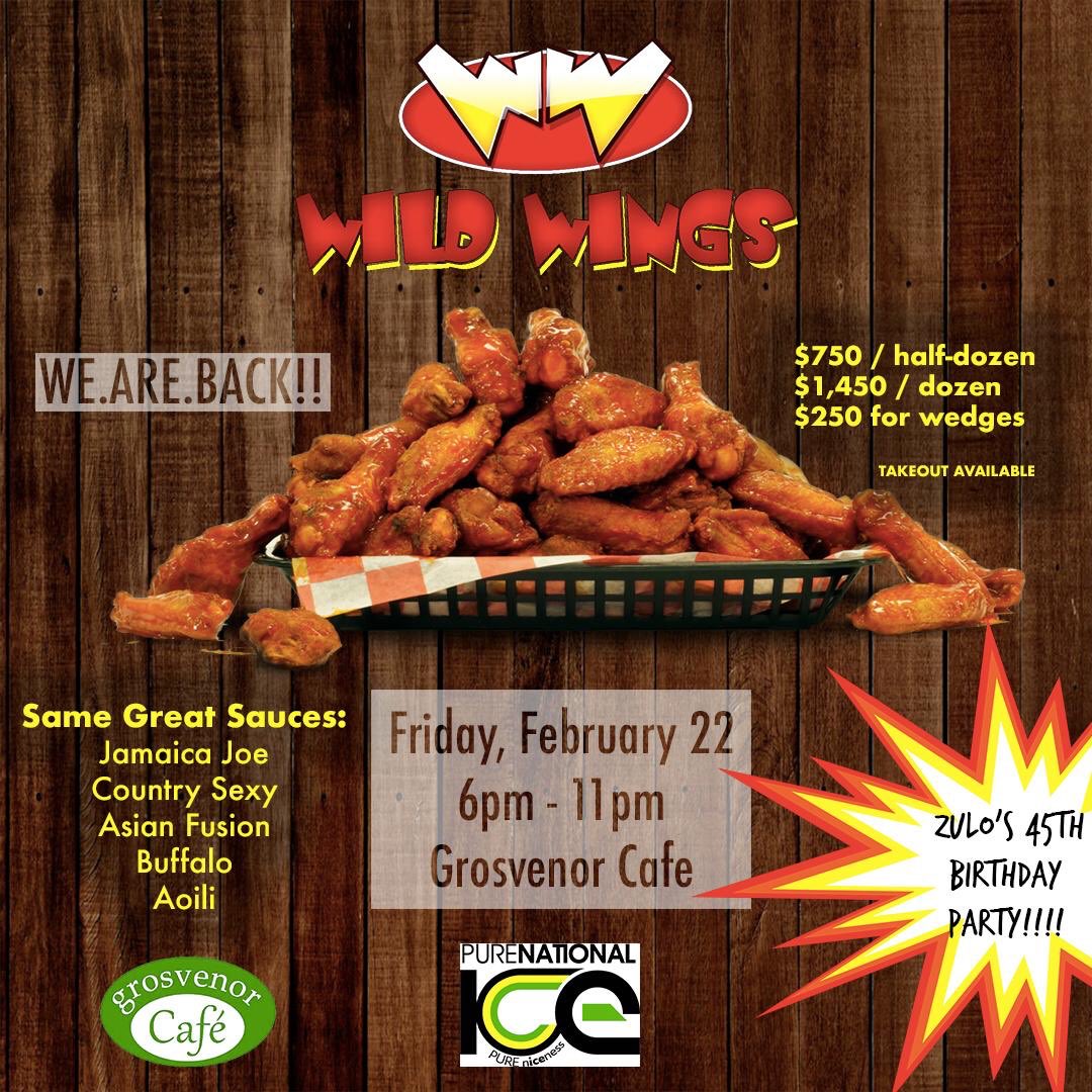 WILD WINGS is BACK!!!  

With your favorite sauces and sumptous, juicy 🐔 wings, 

Drinks available for purchase !!!

Feb 22 @ Grosvenor Cafe (Manor Park )6pm -11 pm 

CASH ONLY ........
Dine in (limited spaces) or Take Out

#wildwings
#jamaicaneats
#foodtreat