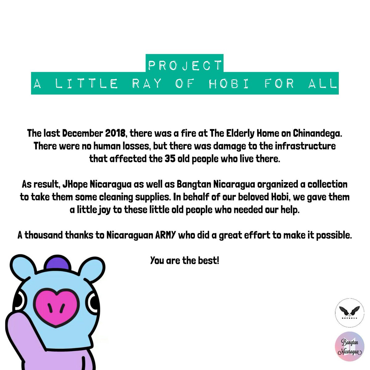 BangtanNic's tweet photo. ☀ PROJECT: A LITTLE RAY OF HOBI FOR ALL (JHope's Birthday)☀

This was @JHopeNicaragua's first project, a thousand thanks to Nicaraguan ARMY, who did a great effort to make it possible 🍀💚

#SunshineHobiDay #MY_HOPE_JHOPE #HAPPYJHOPEDAY #OurPieceOfPeace #LightOfHopeDay @BTS_twt https://t.co/NONtlKZwYO