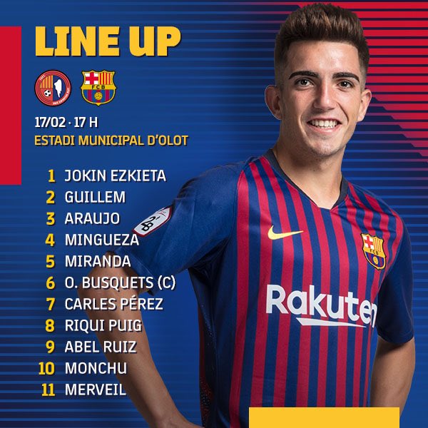 📋🔵🔴 Line-up / Avui juguem amb / Hoy jugamos con: Jokin Ezkieta, Guillem, Araujo, Mingueza, Miranda, O. Busquets (c), Carles Pérez, Riqui Puig, Abel Ruiz, Monchu i Merveil #ForçaBarça