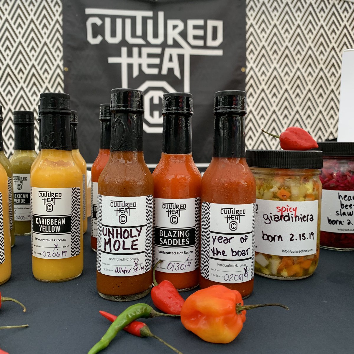 CulturedHeat's tweet photo. Good news #GalvestonIsland, we brought you the only bottles of #UnholyMole &amp; #YearoftheBoar and the last five bottles of #BlazingSaddles 
Who’s gonna claim them?
#smallbatch #paleo #vegan #glutenfree #Houstonhotsauce #fermentedfoods #Whole30 #HotandCultured https://t.co/ul6cj3spaz