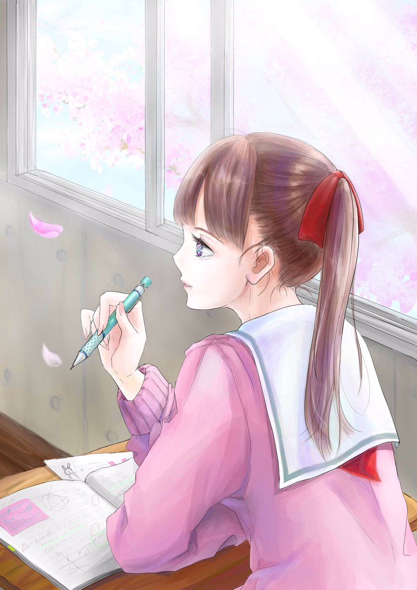 ワト Wato I Twitterren 春風 桜の見える教室 いい香りしそう ポカポカして絶対寝る 桜 イラスト ポニーテール セーラー服 イラ拡 絵の島 絵描きさんと繋がりたい