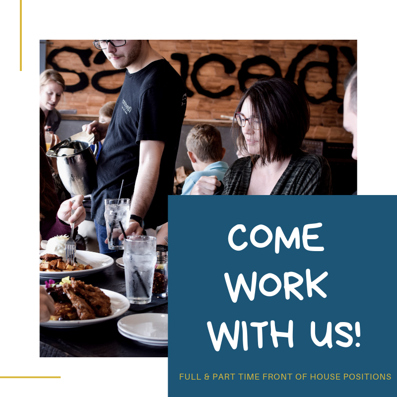 saucedlr's tweet photo. If good guest service and hard work are qualities that describe YOU, come work with us! We are currently hiring for all Front of House positions. Please apply in person, Monday-Friday, between 2 &amp; 4 PM. It's time to #GETSAUCEY with us! #NowHiring #serverlife https://t.co/ie9Dx0tYKS