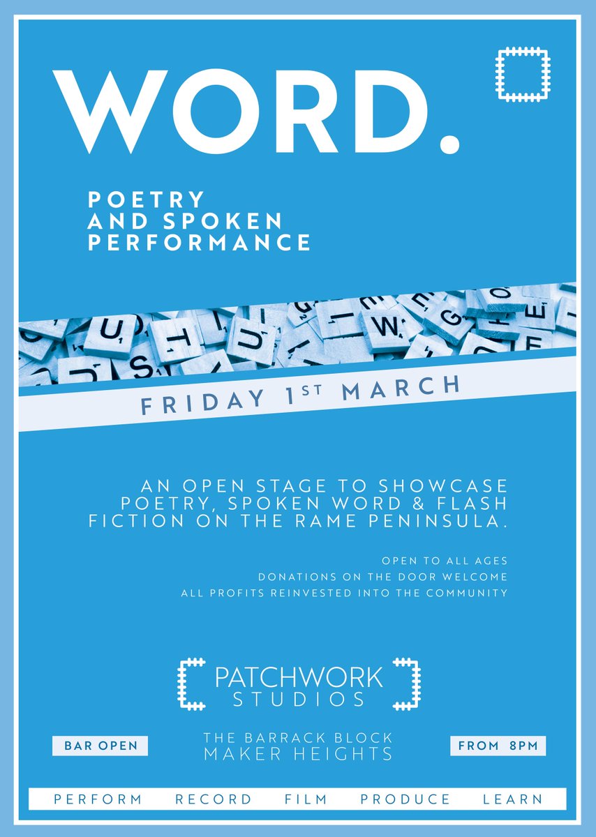 patchworkmusic's tweet photo. We're back with another open mic evening of spoken word, slamming poetry, flash fiction, comedy and more. We're looking to gather the finest talents on the #RamePeninsula and beyond to head to #MakerHeights and perform, or just lend an ear in our intimate new performance space... https://t.co/74qWHpEZSu