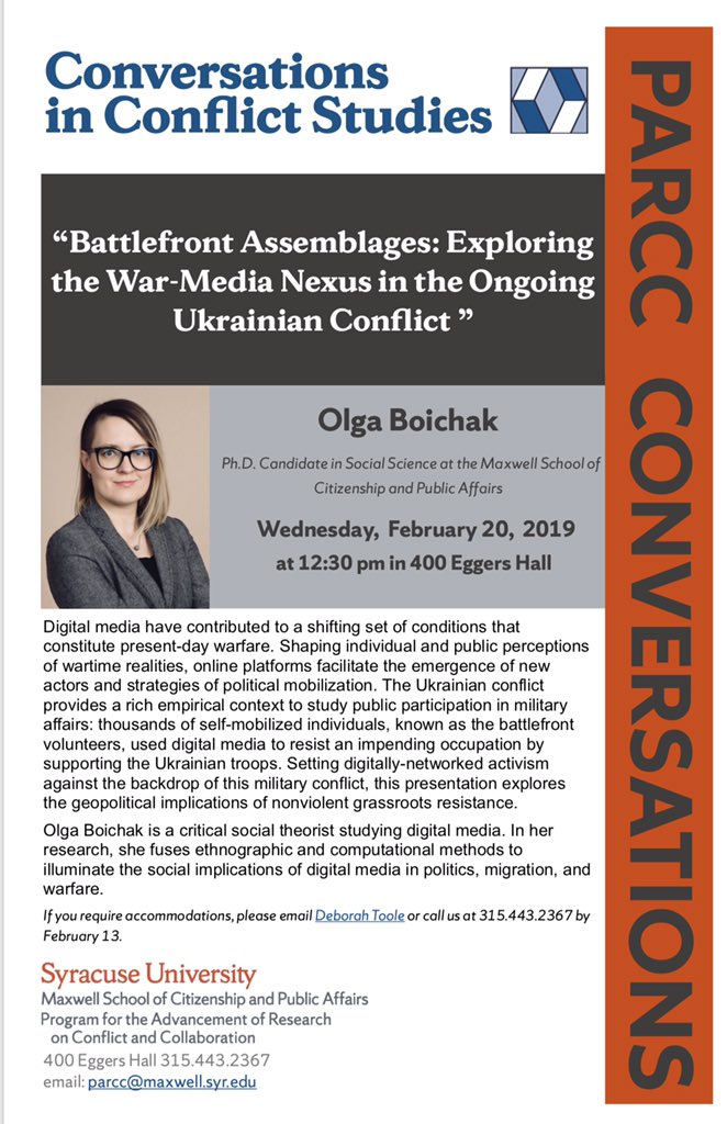 Delighted to be speaking at <a href="/PARCCatMaxwell/">PARCC</a>’s Conversations in Conflict Studies on the role of #digitalmedia in the ongoing Ukrainian #conflict. Come say hi if you’re around! #BattlefrontAssemblages #phdchat