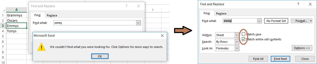 Excel tip: Ever get a frustrating "We couldn't find what you're looking for" message when doing "Find" in Excel? Click "Options >" and uncheck "Match case" and/or "Match entire cell contents". Sometimes these get checked by some macros without your knowledge #ExcelTips #grammys