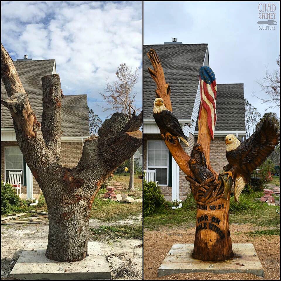 #beforeandafter #chainsawcarving from an oak tree damaged by #HurricaneMichael in #stjoebeach #florida. #PanhandleStrong #850Strong #forgottencoast #chadgaineysculpture