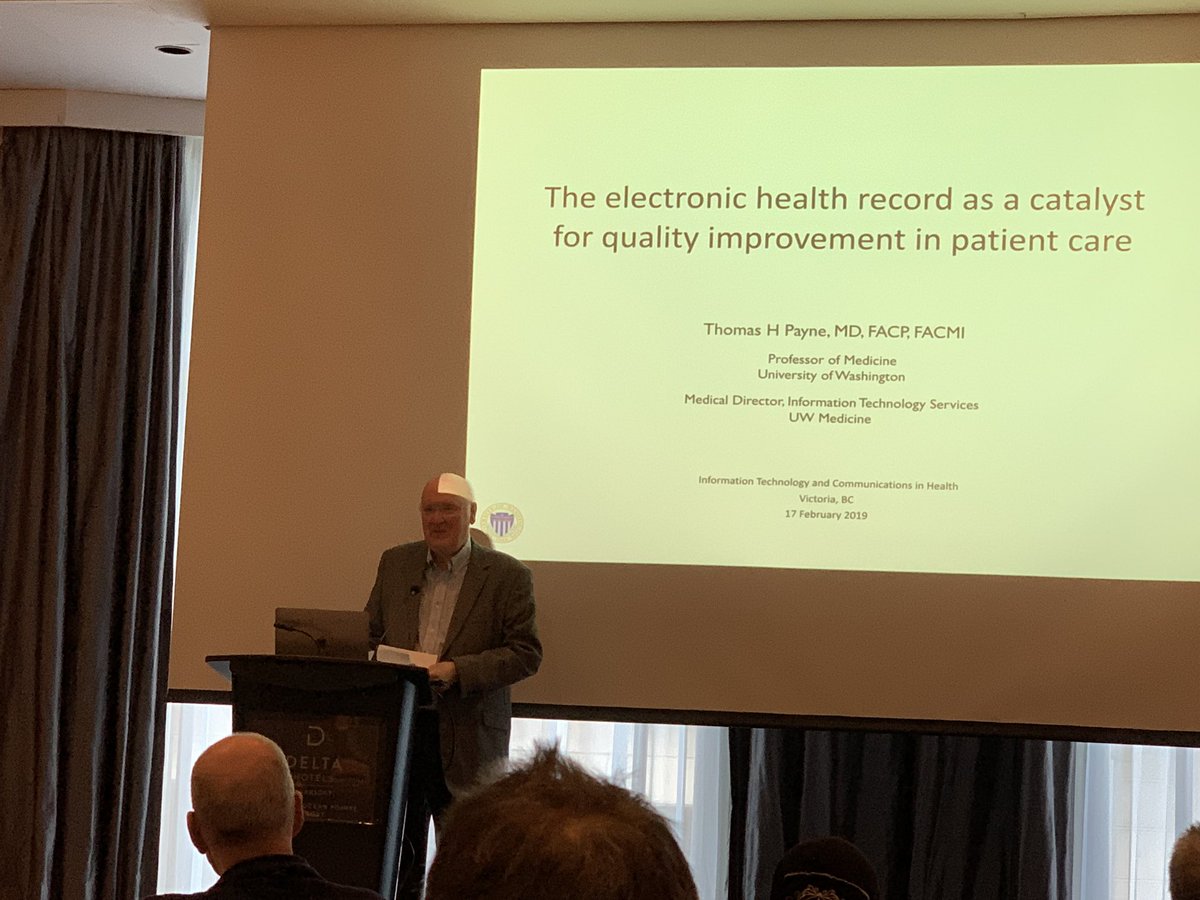 CKuziemsky's tweet photo. Great introduction of Denis Protti by @EBorycki who called him the “father of health informatics in Canada” #ITCH2019 @uvic_healthinfo https://t.co/JN2Qa09r3h