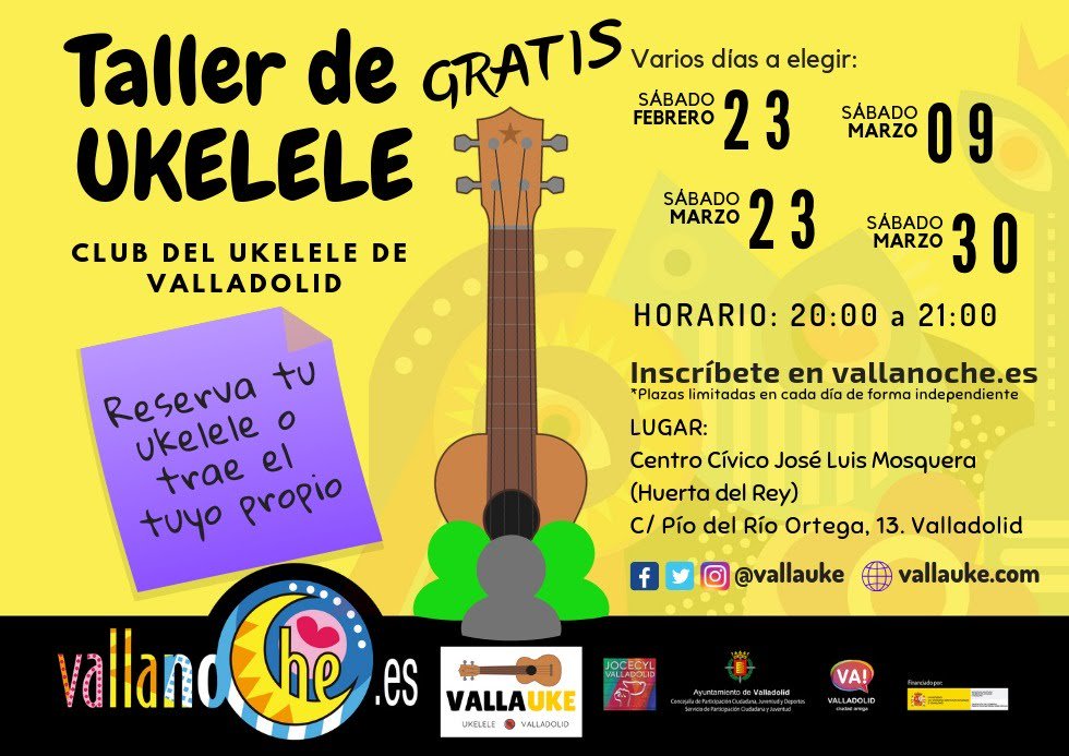 Taller de iniciación al ukelele gratuito en Valladolid 😍 con <a href="/vallanoche/">VallanoChe</a>. Varios días a elegir. Si no tienes ukelele te dejamos uno. Inscripciones en vallanoche.es @ejovenva <a href="/cljvalladolid/">Consejo de la Juventud de Valladolid</a> <a href="/vadeocioVA/">vadeocio</a> <a href="/VallAgenda/">VallAgenda</a>