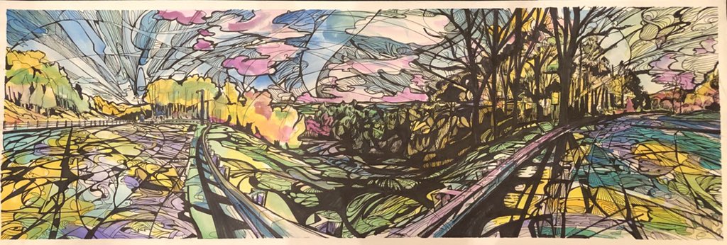 xenosketch's tweet photo. New panorama...Virginia/Kentucky state line !  #watercolor #watercolorpainting #pilotprecisev5 #copicmarkers #mixedmediaart #mixedmedia #illustration #uniballpen #drawing #panorama #panoramadrawing #distortedperspective https://t.co/pW4CtvwBEf
