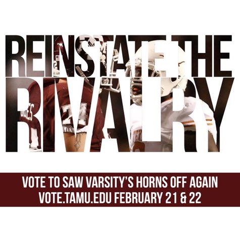 TAMU_UT_Rivalry's tweet photo. Dear Texas A&amp;M Students,

VOTE to Reinstate the Rivalry on Feb. 21!!! #BringItBack @ReinstateTX https://t.co/DIoefJ9BQW