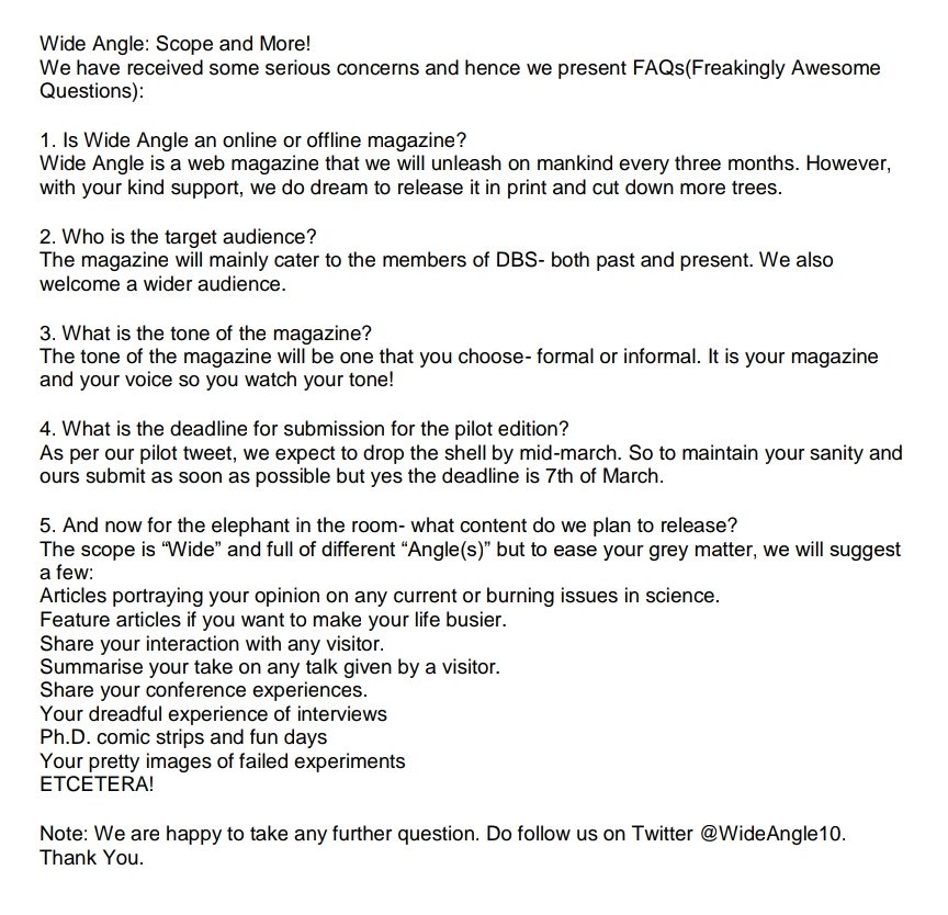 WideAngle10's tweet photo. The sheer pleasure of people saying: I want to write for the magazine- is crazy. You know what is even more amazing- when you submit your articles. Please check out FAQs to know more and go wide! The countdown to the D-Day has begun. https://t.co/fshRLicrPM