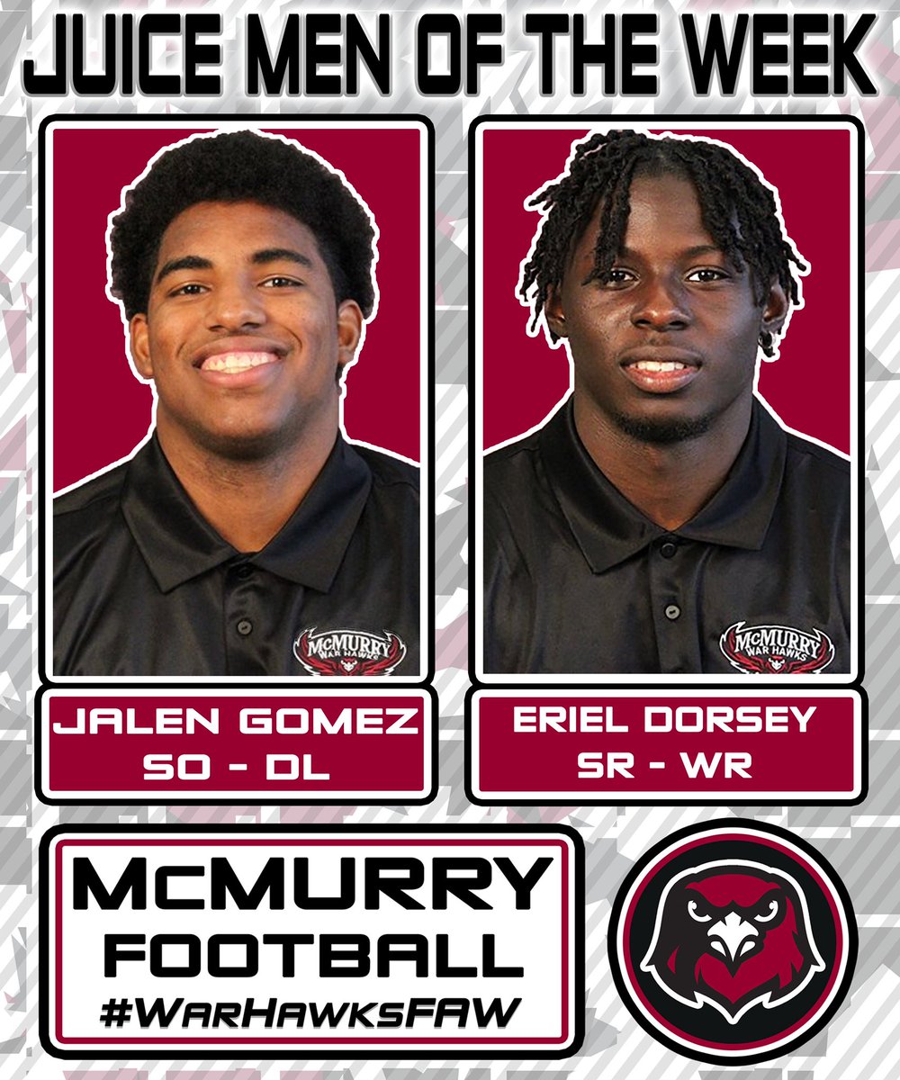 McMURRYFOOTBALL's tweet photo. Sophomore DL, Jalen Gomez &amp; Senior WR, Eriel Dorsey know what's it's about:

Discipline = It takes what it takes!
Preparation = Build a moat!
Total BUY IN = Money in the bank!

#WarHawksFAW 💸🦅 https://t.co/hL7JbhVS1x