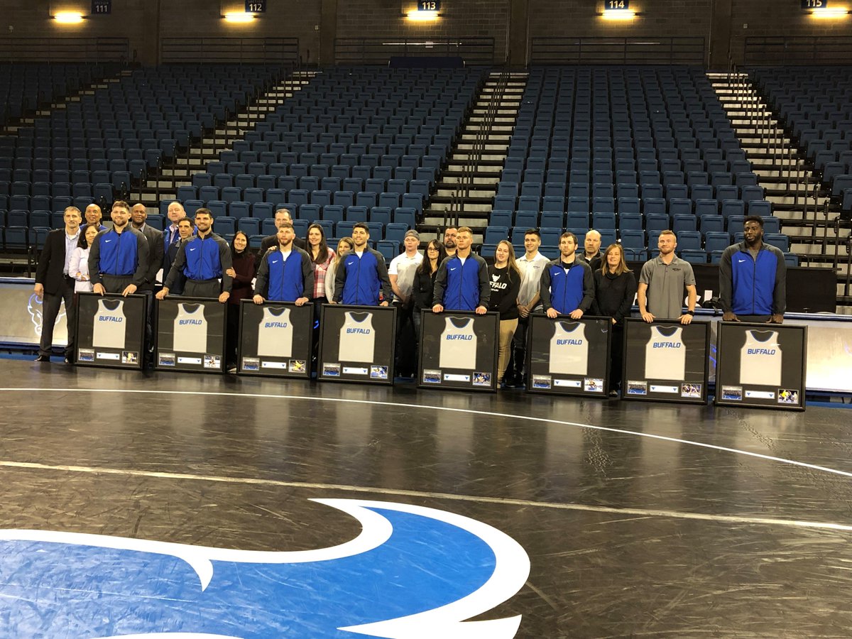 UBuffaloWREST's tweet photo. One of the finest senior classes in school history honored before today's dual. #UBhornsUP https://t.co/r5EWS8upga