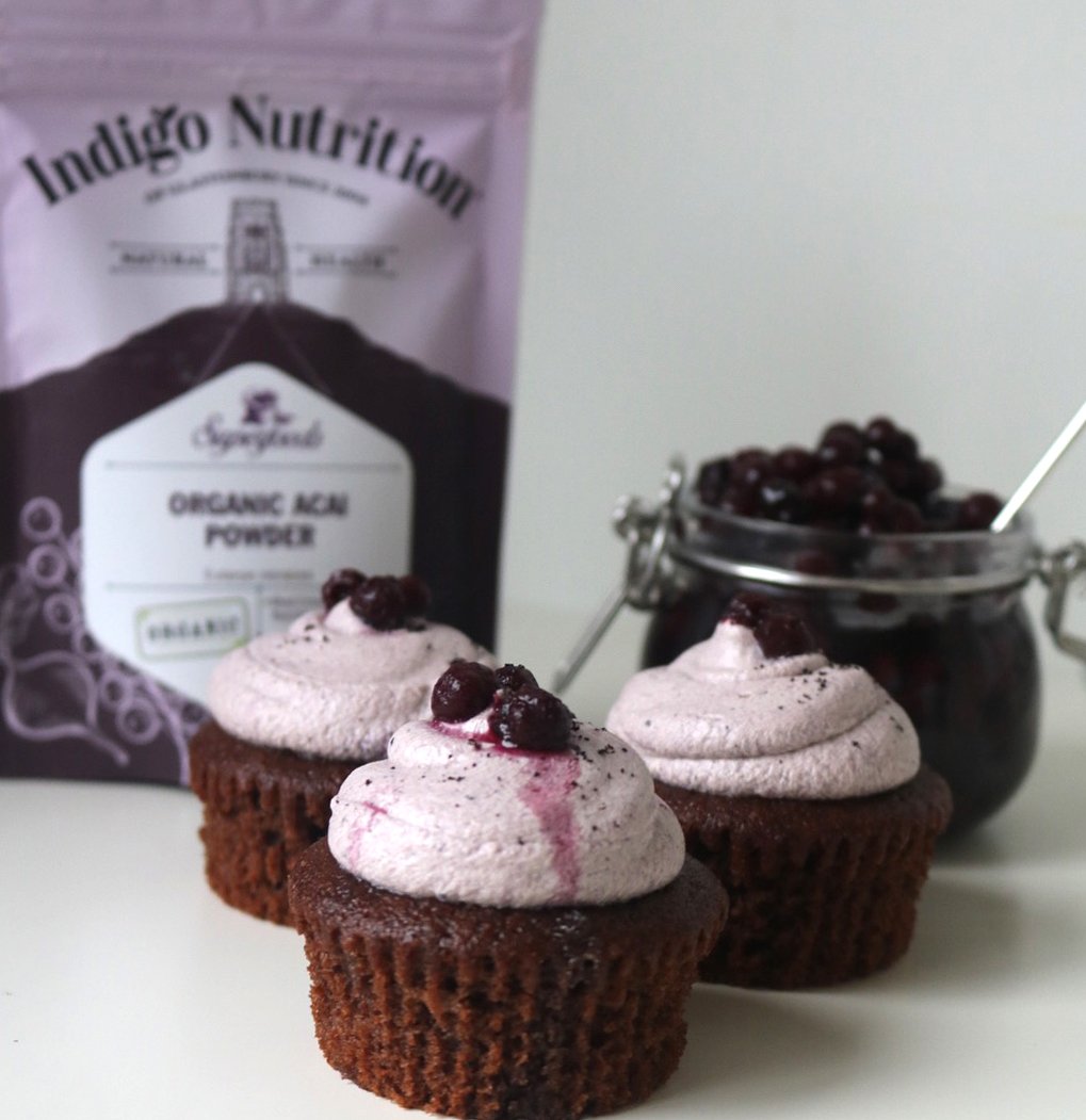 Add cacao &amp; acai, to #blueberrycupcakes to make them extra good! With a soft buttercream topping these #glutenfree cakes are a delicious indulgent treat. 💜 bit.ly/2y70lYI