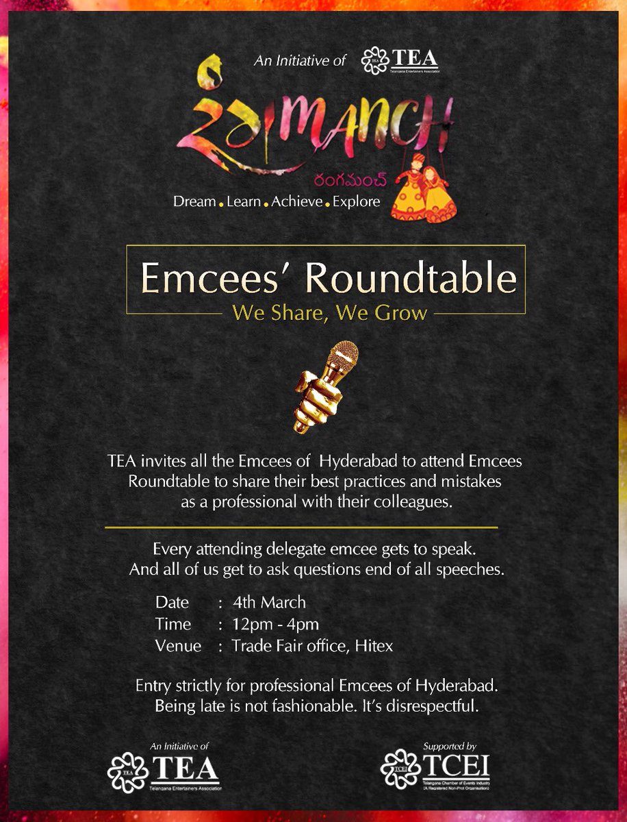 mcshivanisen's tweet photo. #Hyderabad Emcees’ Roundtable.
Sharing experiences, unlearning, learning and growing.
#Events #Anchors #Showhosts #TEA #TCEI #Telangana
An exciting surprise in store post the Roundtable. Stay tuned. https://t.co/OW0ZcA7QX2