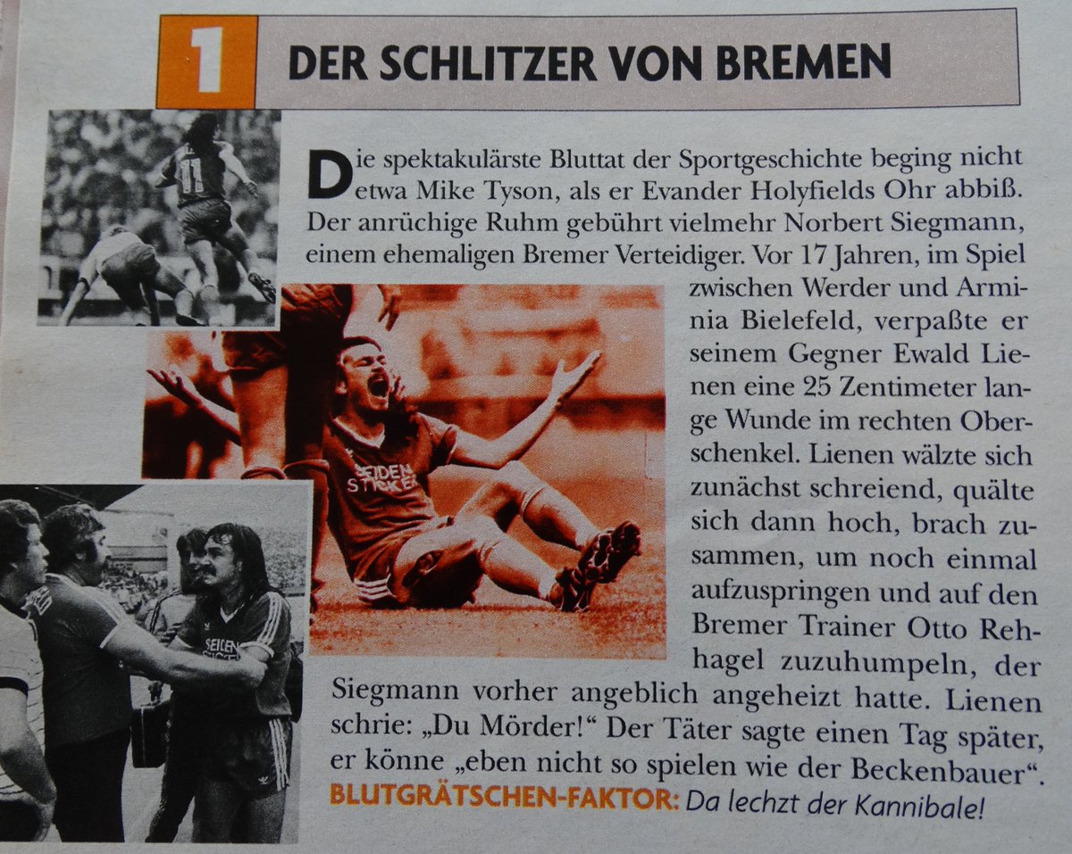 okudera_'s tweet photo. Da lechzt der Kannibale!
Platz 1 der schlimmsten Fouls. Aus dem #Playboy, Ausgabe Juni 1998.
#Werder #Siegmann
#Lienen #Rehhagel https://t.co/2WzO1qluUM