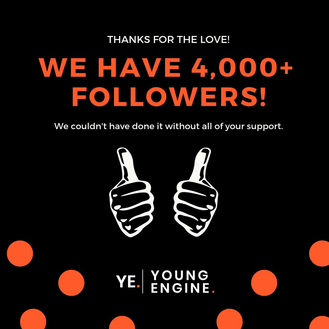 #YoungEngine has crossed 4,000+ likes on Facebook.

Thanks for your constant support.

-Team Young Engine