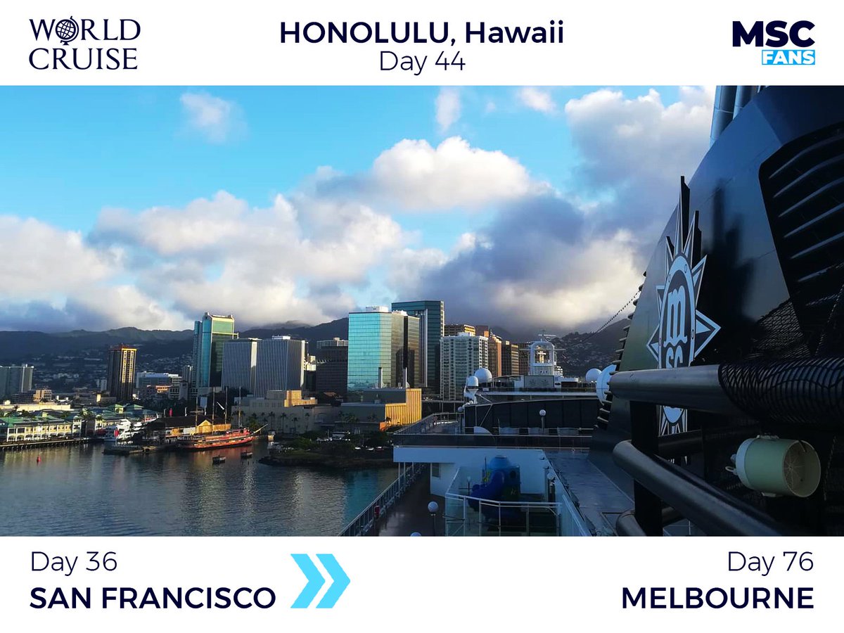 nolongermscfans's tweet photo. 🌍 #MSCMagnifica World Cruise - day 44

Good morning #MSCFans from #Honolulu. It's almost 9 am in #Hawaii and our guest cruising around the World are ready to discover this amazing island, never touched by an #MSC cruise ship. 🌺 https://t.co/6EtFp798IC