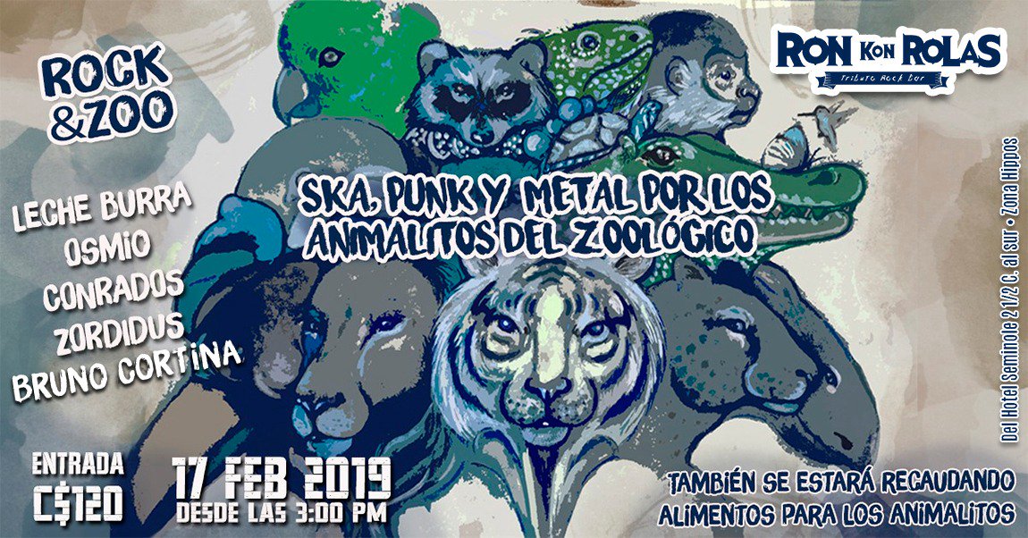 #Ska, #Punk y #Metal por los Animalitos del Zoológico 
¡A pocas horas de comenzar!
#Rock&amp;Zoo
[Leche Burra / Osmio / Conrados / Zordidus / Bruno Cortina]

- Hora: 3 pm 
- Cover: C$120

Del Hotel Seminole 2 1/2c. Al Sur • Zona Hippos