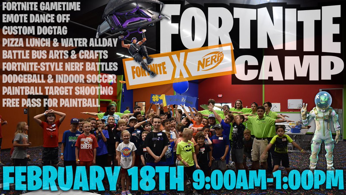 Gatsplat's tweet photo. Come drop into GatSplat February 18th! Fortnite Nerf Camp 9:00 am - 1:00 pm. Claim your spot now before they're all gone! #fortnite #fortnitecamp #dodgeball #daycamp #nerfcamp #nerf #dfw #lewisville #rowlett #kellerπππ https://t.co/1o6yj0NWCf https://t.co/xhSAVWpRNQ