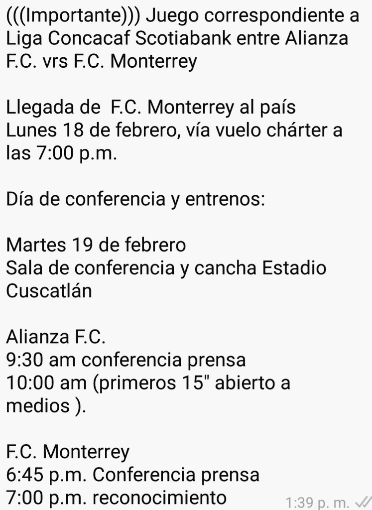 primerafutboles's tweet photo. #PrimeraEnCONCACAF
Itinerario previo al juego @AlianzaFC_sv vs @Rayados correspondiente a @TheChampions para el miércoles 20 de febrero 2019. https://t.co/iXtIiYDSam
Vía @Lupizu