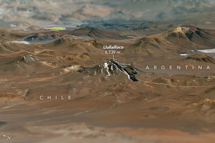 NASAEarth's tweet photo. The dry climate around the world's second highest active volcano — Llullaillaco — provides a good habitat for preserving archeological discoveries.  https://t.co/hdsItLv8pu #Argentina #Chile #NASA #Landsat #Atacama #archaeology #volcanology https://t.co/rmxKwIUruN