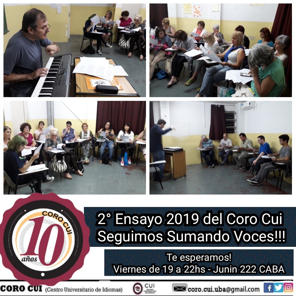 COROCUI's tweet photo. ☆Y ya tuvimos el 2° Ensayo 2019 del #CoroCui, estamos preparando el nuevo repertorio y seguimos #SumandoVoces!!!
☆Te esperamos: Viernes de 19 a 22hs - Junín 222; CABA. Sede Central del @CUI_oficial
☆Actividad Gratuita y Abierta al Público en gral
#VeniteAlCui
#CantemosJuntos https://t.co/ulCqnI0di5