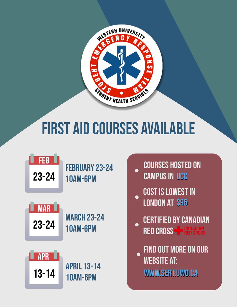 Need a first-aid certification for program requirements? Want to join SERT next year? Looking to do your part to make the world just a bit safer? Look no further than sert.uwo.ca/first-aid-cour…