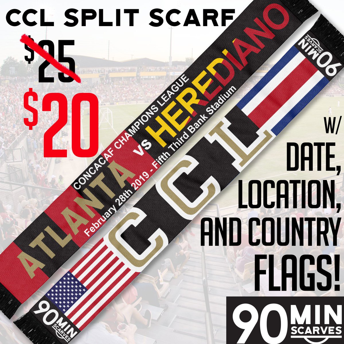Get yourself a souvenir of the first international matchup for Atlanta United! The CCL split scarf is available now for pre-order. You can pick it up before the match in the Black Lot, or have it shipped to you the following day. 90minscarves.com/product/ccl28/