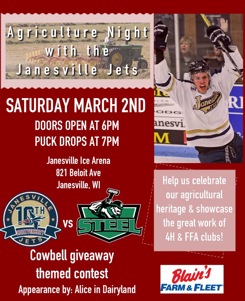 Milton_FFA's tweet photo. Janesville Jets Ag Night is March 2nd @ 7pm. We now have 30 free tickets for FFA members. Sign-up in Ag room to claim your free ticket! https://t.co/DwGnD3eIjs