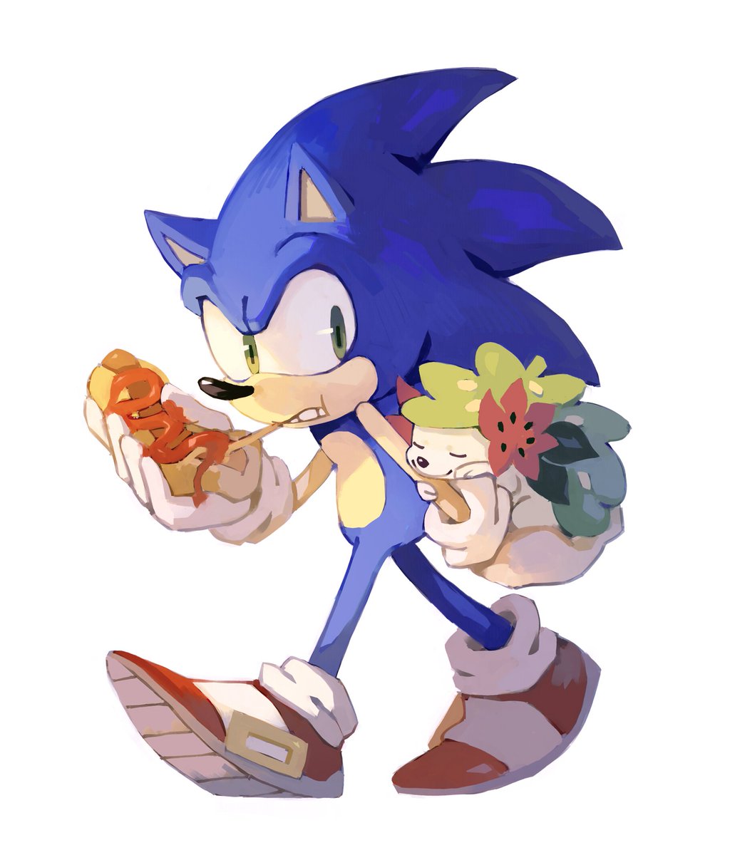 sonic the hedgehog gloves 1boy hot dog food shoes green eyes holding  illustration images