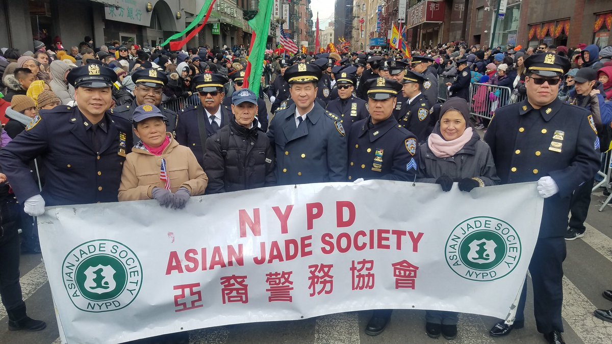 NYPDAJS's tweet photo. We are proud and very honored to have the parents of both Det. WenJian Liu and P.O. Kevin Lee to lead us at the great Chinatown Lunar New Year parade. Big thank you to all who participated and to all the MOS working to keep us safe at the event.#NYPD #LunarNewYear #5pct https://t.co/OU9Mz2NF7S