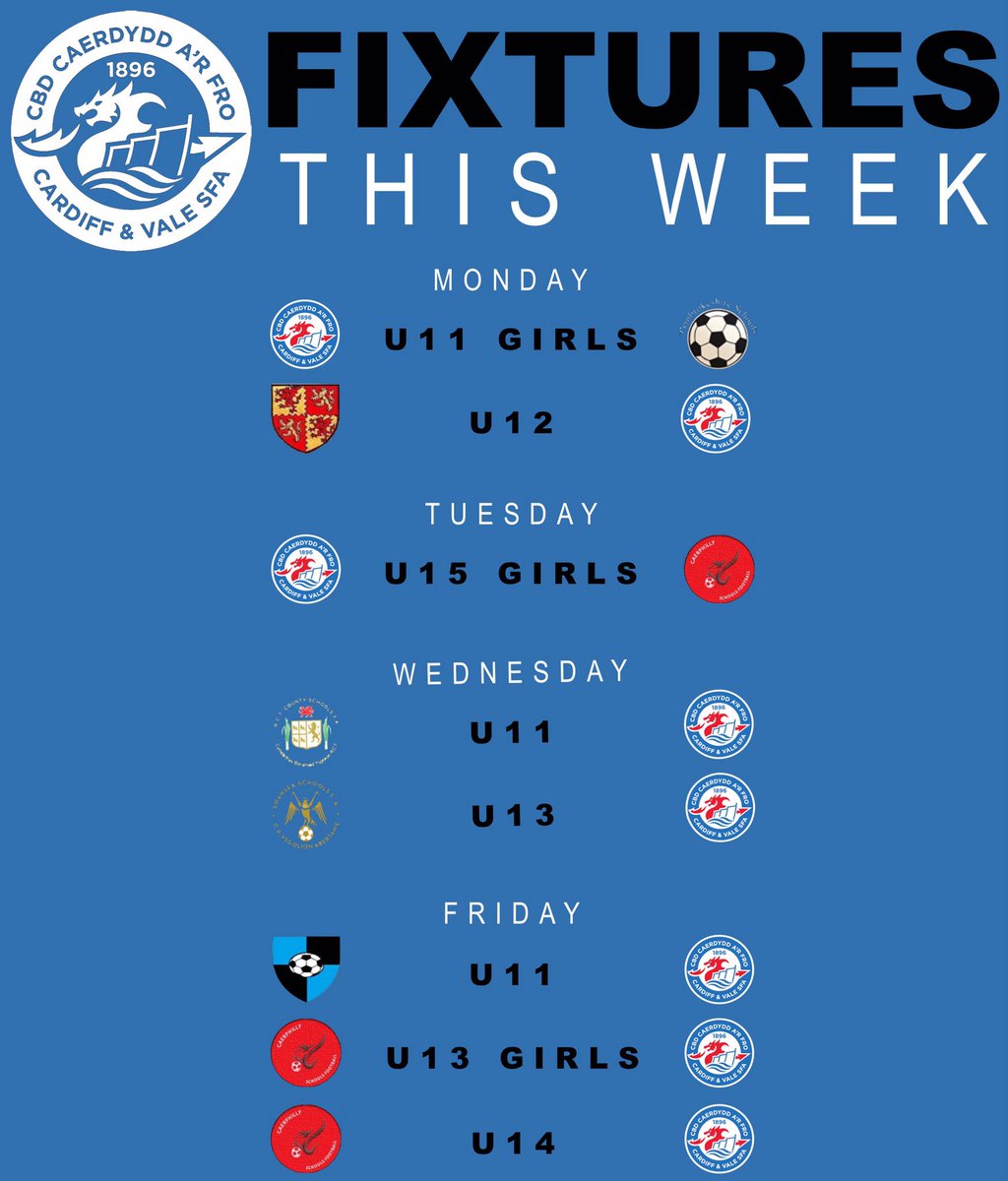 CVSFA's tweet photo. A busy week ahead for @CVSFA squads, including 8 fixtures involving 7 age groups over the next 5 days:

U11 Girls v @PembsSFA 
U12 v @CarmsSchoolsFA
U15 Girls v @CaerphillySFA 
U11 v @RCTSFA 
U13 v @SwanseaSFA 
U11 v @BridgendSFA 
U13 Girls v @CaerphillySFA 
U14 v @CaerphillySFA https://t.co/cj3eGUeWaZ