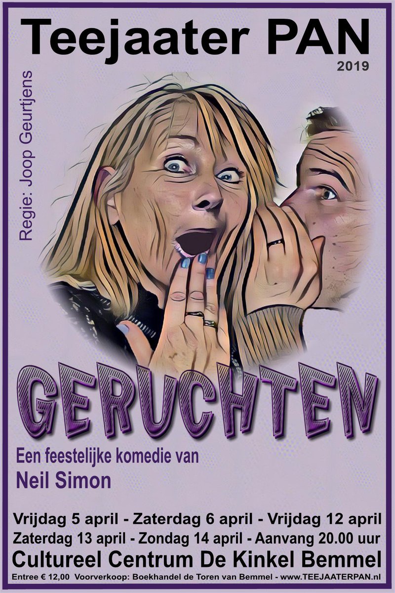 teejaaterpan's tweet photo. De hilarische komedie 'GERUCHTEN' van Neil Simon met een verrassend slot wil je niet missen! Teejaater PAN speelt deze voorstelling in april!

De voorverkoop start op 1 maart a.s. via https://t.co/OtM9O4JUdr en bij boekhandel De Toren van Bemmel. https://t.co/znFR9uDCCI