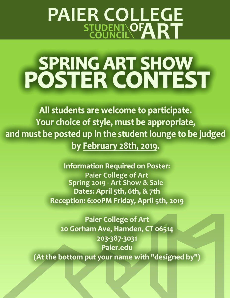 PaierCollege's tweet photo. Design a poster for our upcoming Student Art Show &amp; Sale!
All students are welcome to participate, please follow the instructions above and hang your finished poster by Feb. 28th to be judged.
Any questions, please see the Student Council or the Dean. 
#paiercollege #paiernation https://t.co/xKxplcmXbt