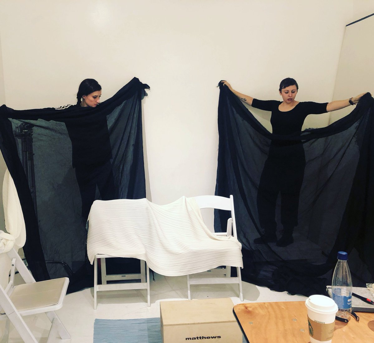 IVPNYC's tweet photo. Just a couple actors, holding up some fabric, must be devising something cool! #rehearsal  #nyctheater #documentarytheater #oralhistory #womenintheater #devisedtheater #phisicaltheater #womenstories #worldwar2 #austria #philippines #displeyst https://t.co/u4OIj8Juce