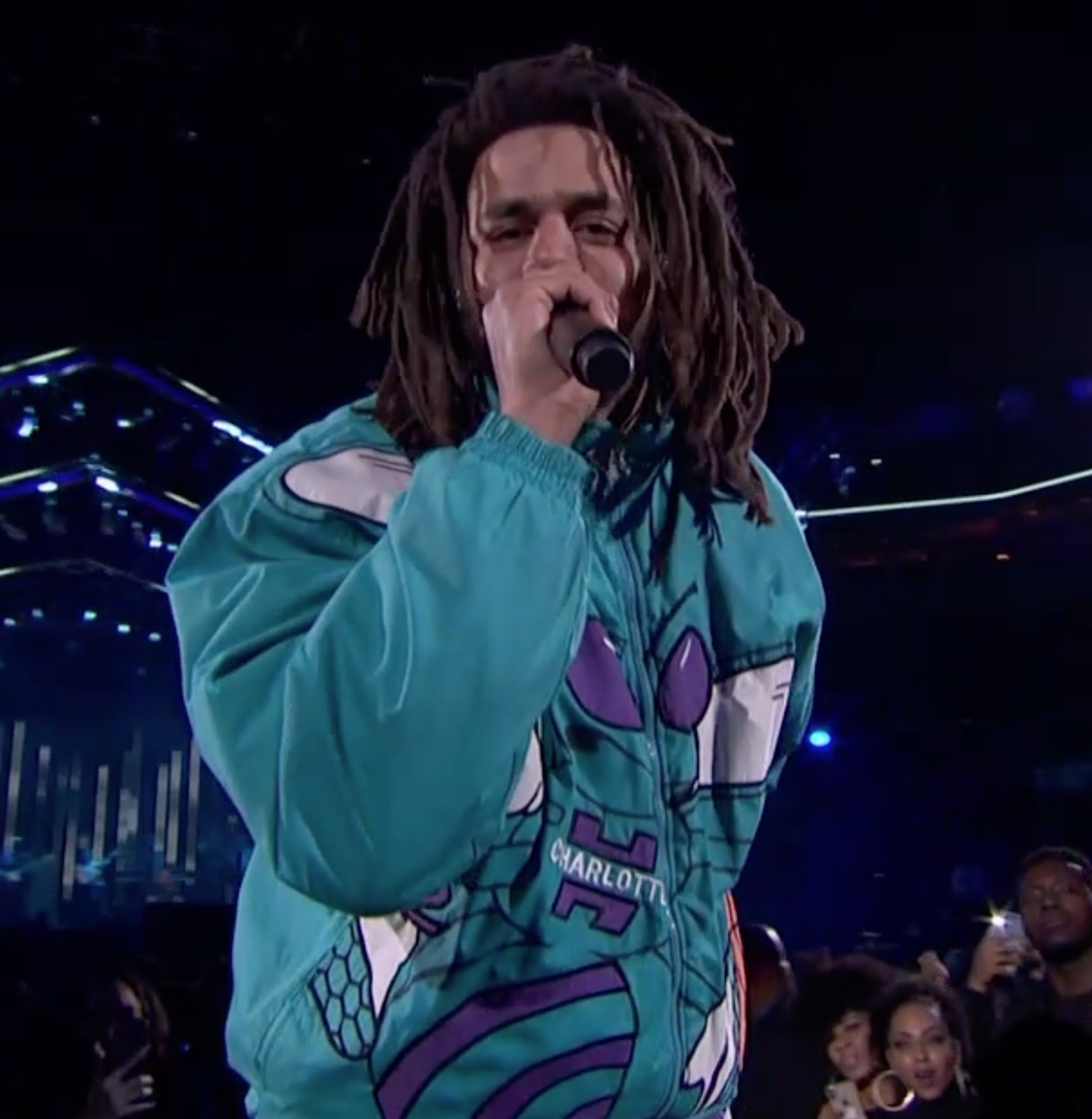 Bleacher Report on X: J. Cole brought out the old school Hornets jacket.  Cold.  / X