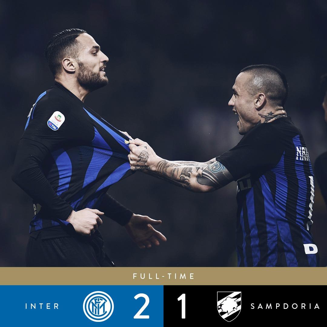 Em partida disputada a #Internazionale derrota a #Sampdoria por 2-1 no #GiuseppeMeazza e diminui a distância para o Napoli na briga pela vice liderança do #Calcio #ForzaInter #InterSampdoria #Scudetto #InterIsHere #Nainggolan #Nerazzurri @Inter