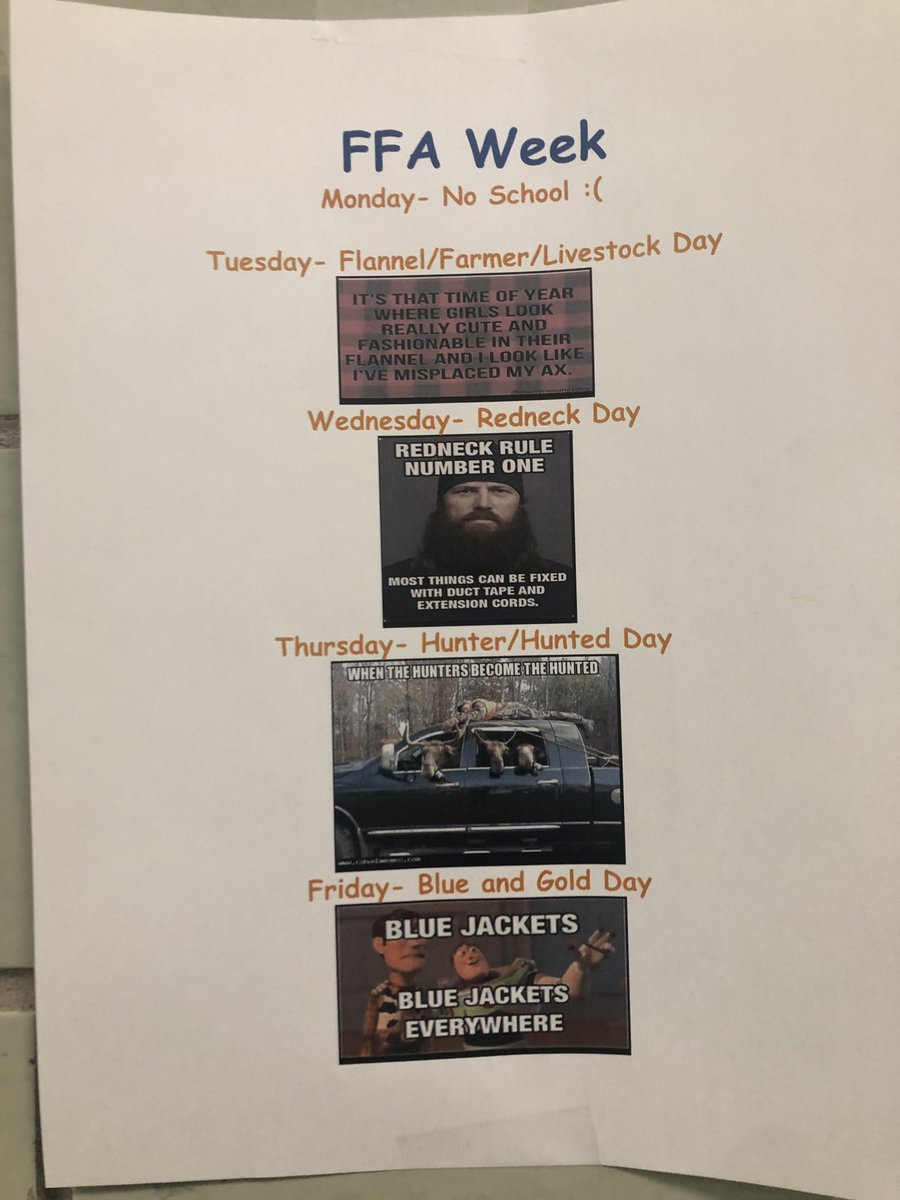 wethersfieldFFA's tweet photo. ‼️ATTENTION PLEASE‼️
This week is national FFA Week. Here are the dress up days for the week! I’d like to see you all participate and learn a few things about the FFA. Enjoy your day off of school tomorrow but be sure to plan out your outfits. #nationalffaweek 🌽🐮🐷🐥 https://t.co/yZPxhsC3Sp