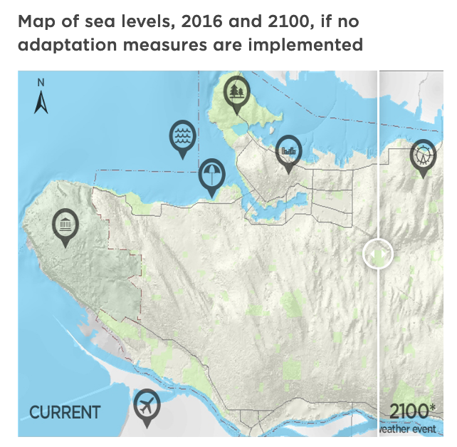 Lidsville's tweet photo. @subtomatoe See the sea level rise map of Vancouver, with a scroll bar that lets you go back and forth between 2016 and 2100. Shows False Creek simply gone, far beyond the hospital. See also Kits. Where is City Council? #vanpoli #bcpoli #Stpaulshospital #NEFCplan https://t.co/4i6ffada7d https://t.co/LroMJblkbq